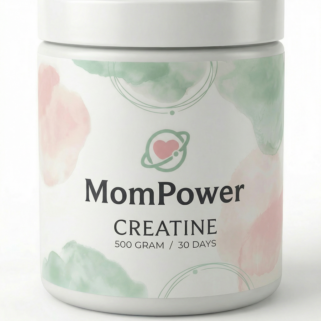 MomPower Creatine bottle label close-up showing 500 gram 30 days