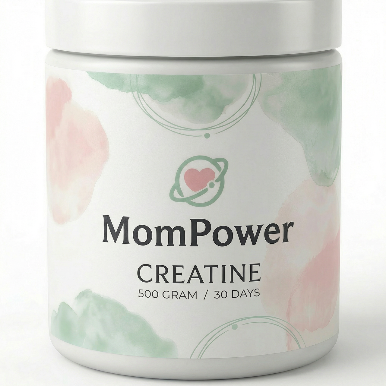 MomPower Creatine bottle label close-up showing 500 gram 30 days