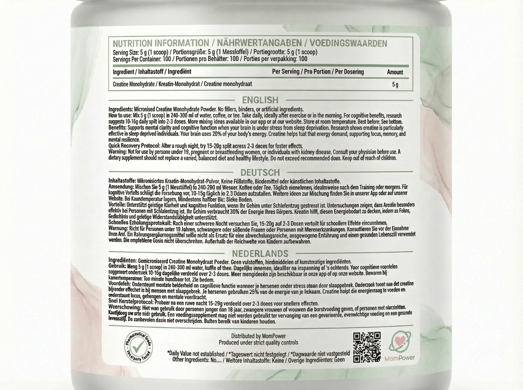 MomPower Creatine back label with ingredients and dosage instructions