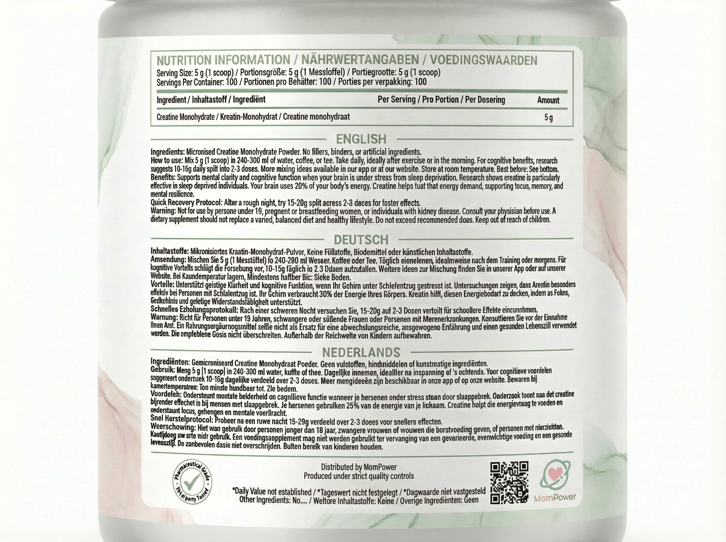 MomPower Creatine back label with ingredients and dosage instructions