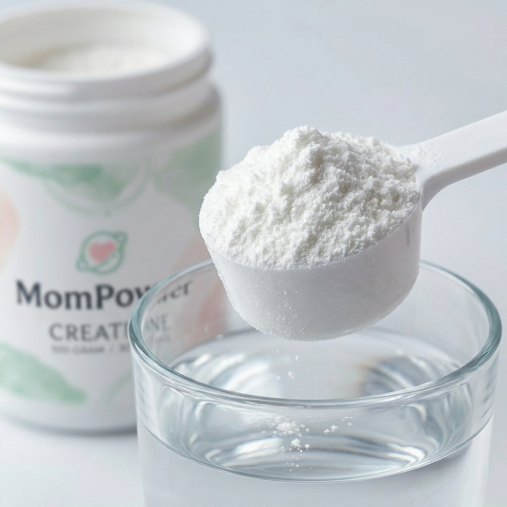 MomPower creatine monohydrate powder texture detail with scoop and glass