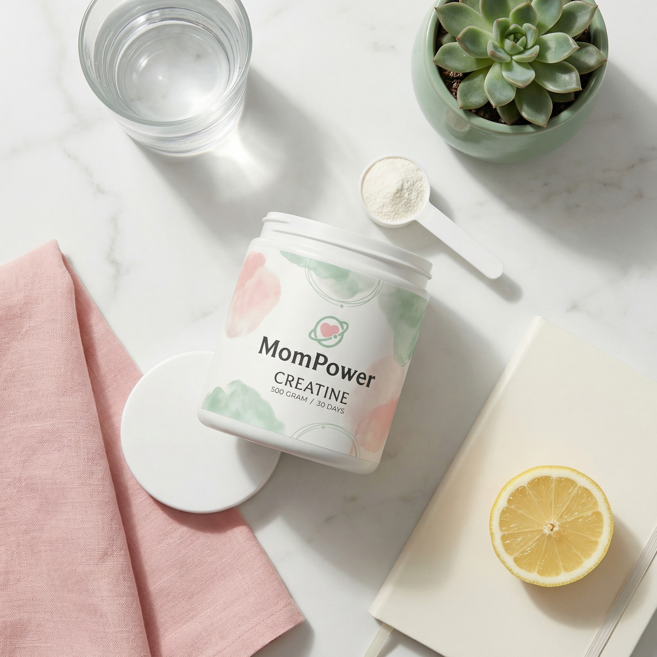MomPower Creatine product flat lay with accessories